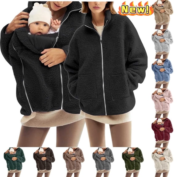 Taqqpue Women's Fleece Jacket with Baby Carrier Pocket, Warm Maternity Coat for Mom, Zip up 2-in-1 Baby Wearing Outerwear