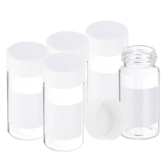 Uxcell Small Glass Sample Bottles with Lids, 5 Pcs 20ml Clear Glass Vials with White Screw Caps Mini Leak Proof Reagent Sealed Bottles with Writing Label for Solid Liquid Powder Storage