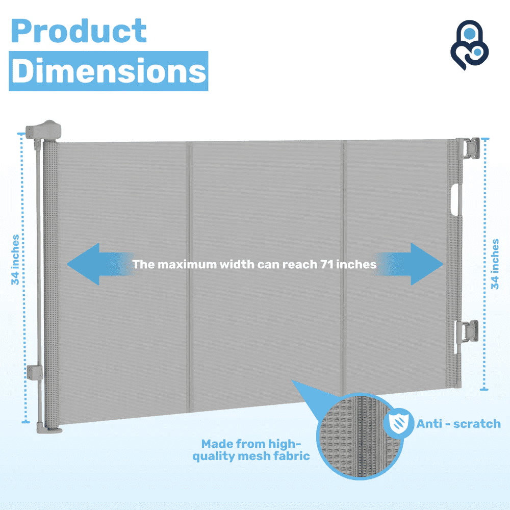Baby Proof Me Retractable Baby Gate, Extra Wide Mesh Child Safety Gate, 34" Tall x 71" Wide, Gray