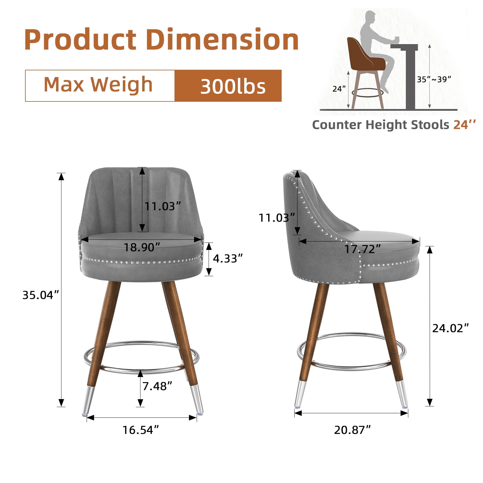 HomeZeer Swivel Bar Stools Set of 4, Counter Height Bar Stools with Back, Leather Swivel Counter Stools with Wood Legs and Footrest, Upholstered Bar Stools Chairs for Kitchen Island, Grey