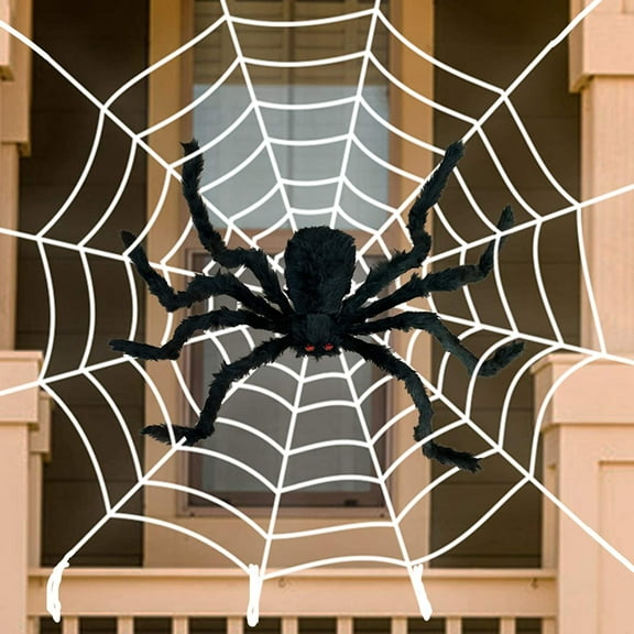 Goodwill Halloween Spider Web Decorations, 9.84FT Large Spider Web with 35.5" Giant Halloween Spider, Extra Stretch Cobwebs & Scary Hairy Spider for Halloween Outdoor Yard Party Decorations
