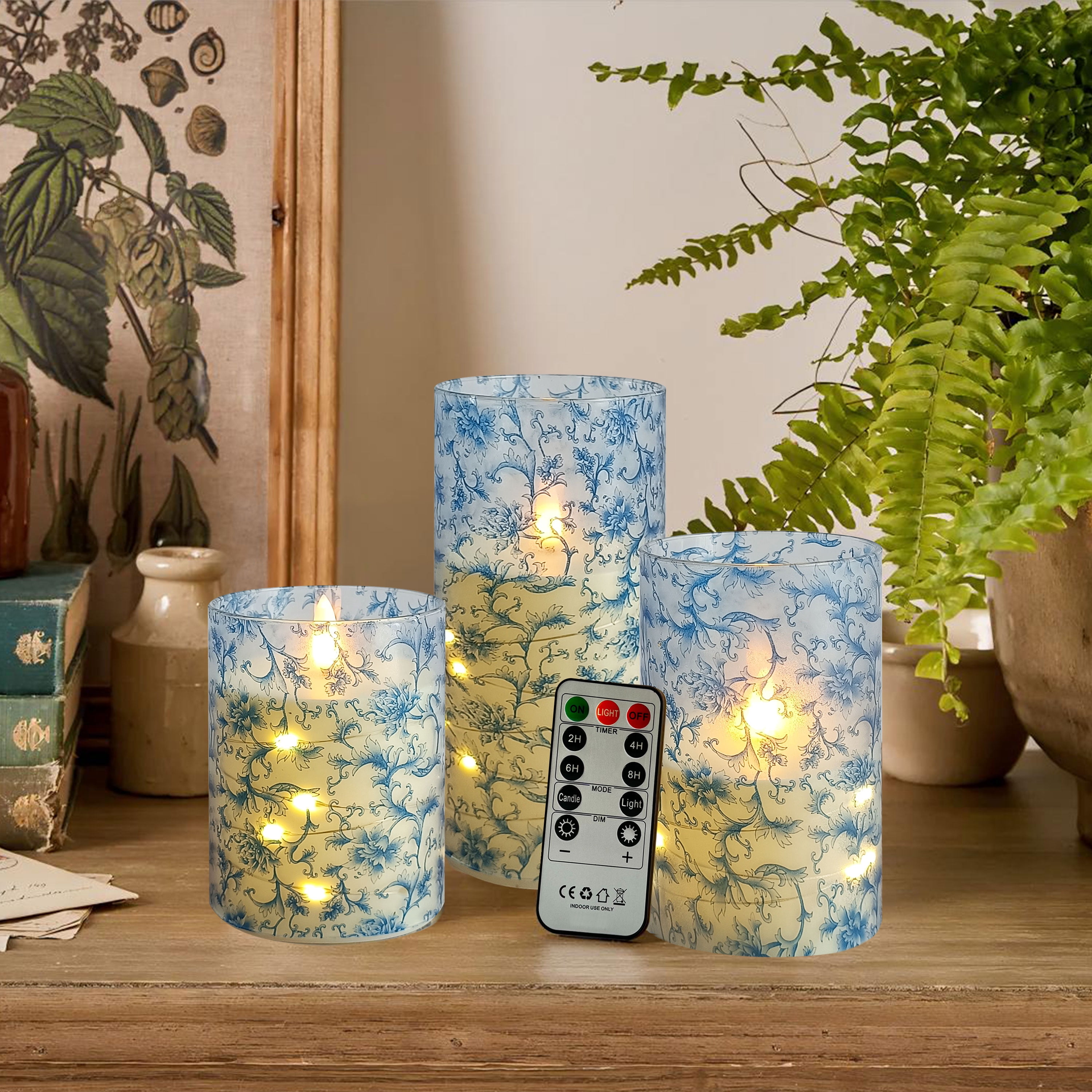 Flameless Candles with String Lights LED Candle Battery Operated Candles with Remote Control,Printed Pillar LED Candles for Wedding Holiday Table Home Decorations,Set of 3