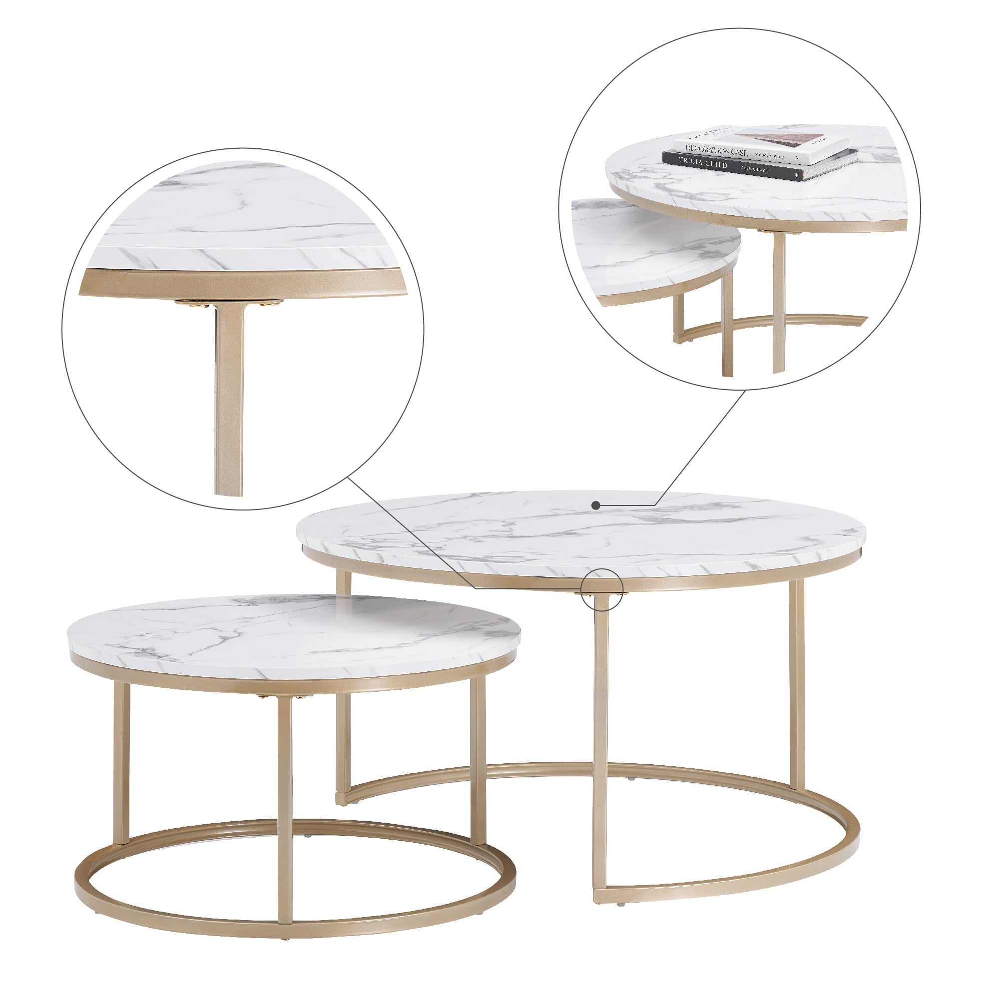 Round Nesting Coffee Table Set with 31.5 in White Faux Marble Top and Golden Legs Modern Style for living room