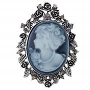 Lux Accessories Antique Blue Cameo Brooch Burnished Silver Flower Rhinestone