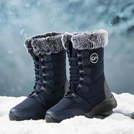 

TALKVE Warm and non slip Women Men Snow Boots Round Toe Water Proof Flat Heel Warm Winter Lace Up Solid Color Mid Calf