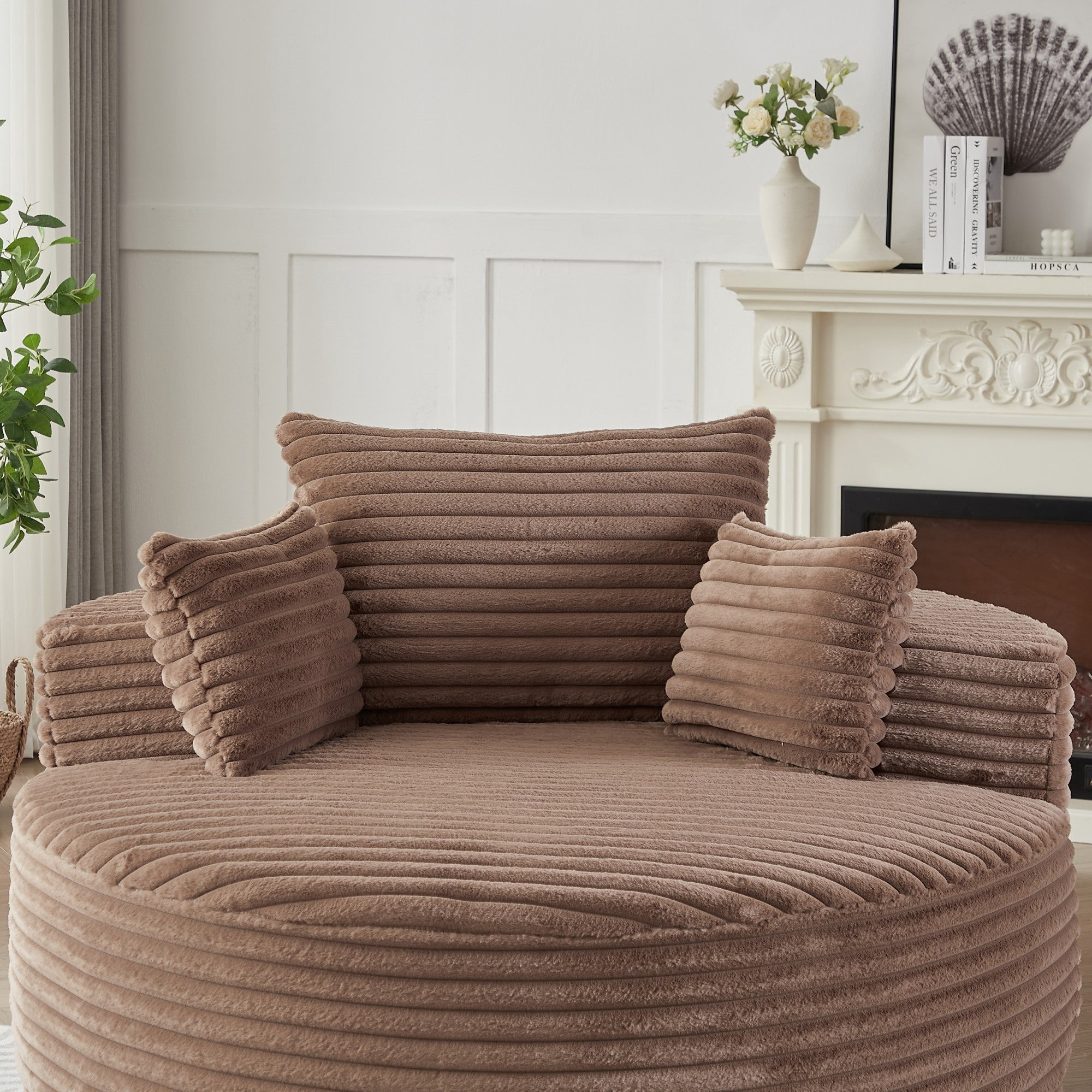 Sailvan 55" Corduroy Fabric Swivel Chair, Modern Round Sleeper Sofa with 360 Degree Rotation, Fluffy Foam Lounge Chair for Living Room Brown