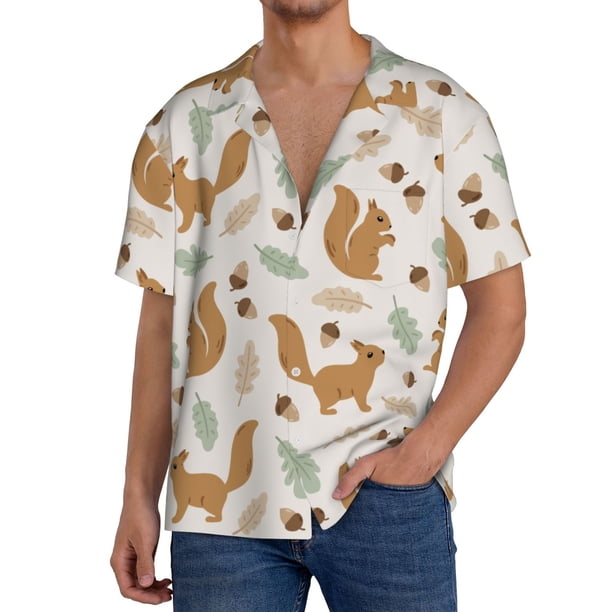 Fotbe Squirrel And Leaves Camisa Estampada de Manga Corta para Hombre, Casual de Verano, Estilo Playero, Sin Arrugas-Medium