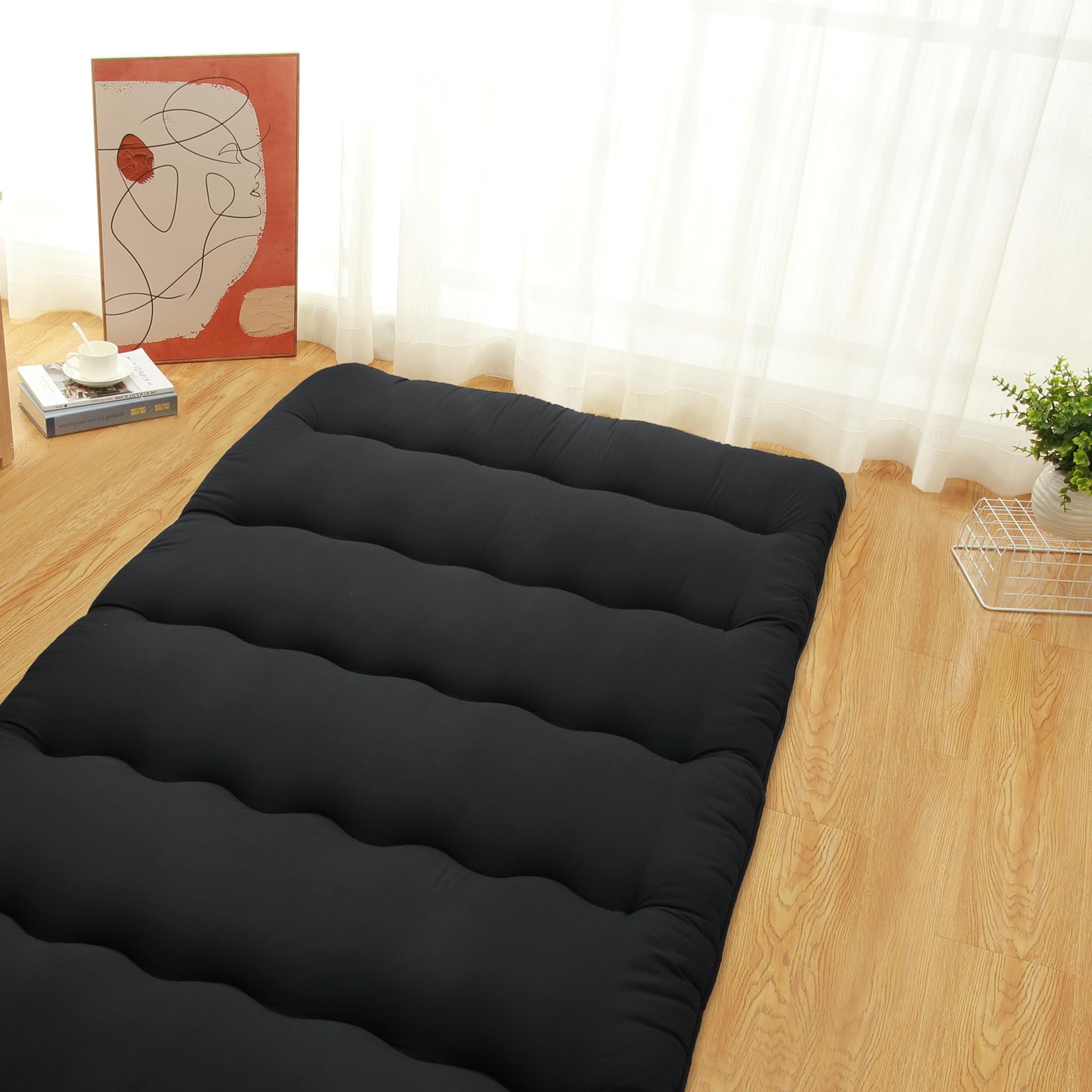 AOILE Japanese Futon Floor Mattress – Wave Pattern Roll-Up Tatami Mat for Sleeping, Camping, Twin/Full/Queen Size