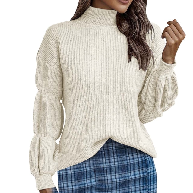 Gibobby SuéTer Para Mujeres De Moda de manga larga con cuello y medio para mujer, suéter informal de moda de Color sólido(E,M)