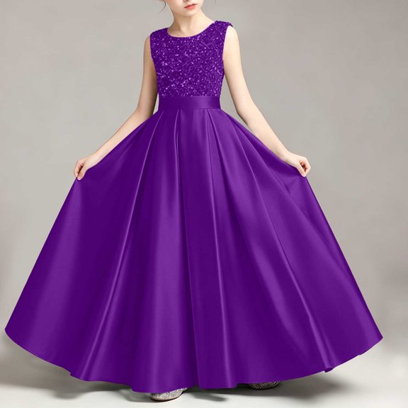Girls' Sequin Embellished Satin Sleeveless Dress, Elegant formal gown for recitals, weddings and special occasions, 0-13 Years Purple 0-1 Years