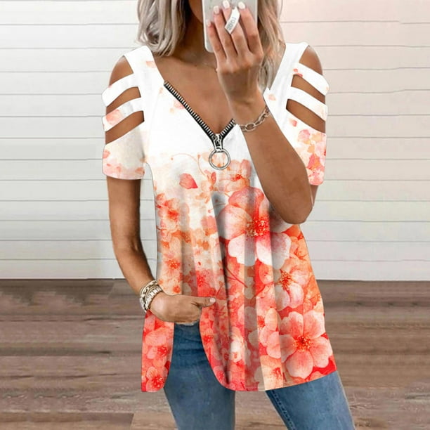 Gibobby Camisetas Mujer Manga Corta Mujeres Camisas occidentales Zipper Pullover Short Sleeve Color Block cosido V cuello Casual Top Vintage Camisa T Naranja XL Walmart en linea