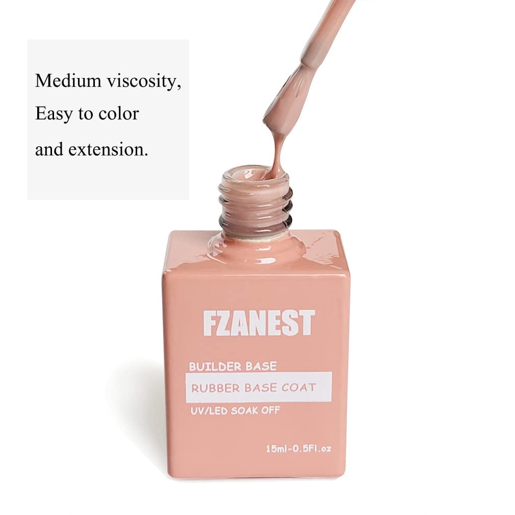 FZANEST Nude Rubber Base Gel Nail Polish, Builder in a Bottle Nail Strengthener Gel, Self-level Extension Fiber Gel, UV LED Base Coat