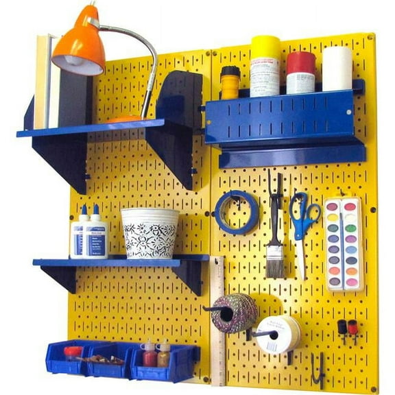 Pegboard Hobby Craft Organizer Storage Kit, Yellow & Blue - 32 x 32 x 9 in.