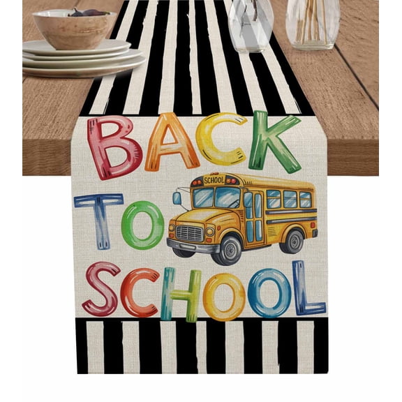 Table Runner Dresser Scarves 70 Inch Long,School Bus Black Stripe Burlap Linen Dining Table Runners Back to School Colorful Word Tabletop Scarf for Wedding Holiday Party Kitchen