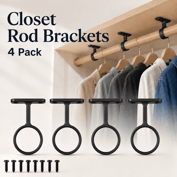 MORAVE 4 Pcs Black Ceiling Hanging Closet Rod Support Brackets, Fit 1 5/16" Round Wardrobe Curtain Rod with Installation Screws