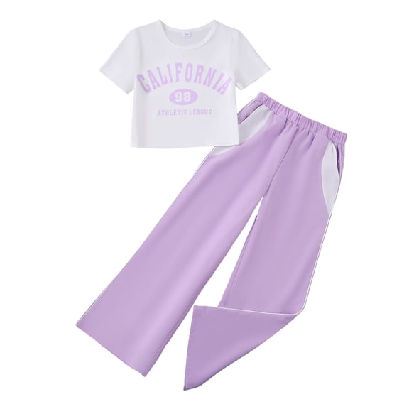 Kucnuzki 9 Years Big Girls Outfit Set 10 Years Child Girl Summer Clothes Sets Short Sleelves Letter Print Crop Top Wide Leg Pants 2pcs Clothing Purple