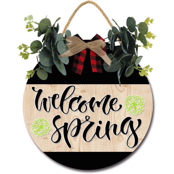 Eveokoki 12" Rustic Sign Welcome Spring Sign Door Decor Wooden Front Door Hanger Wall Art Door Hanging Fall Winter Farmhouse Indoor Outdoor Home Porch Yard Decor