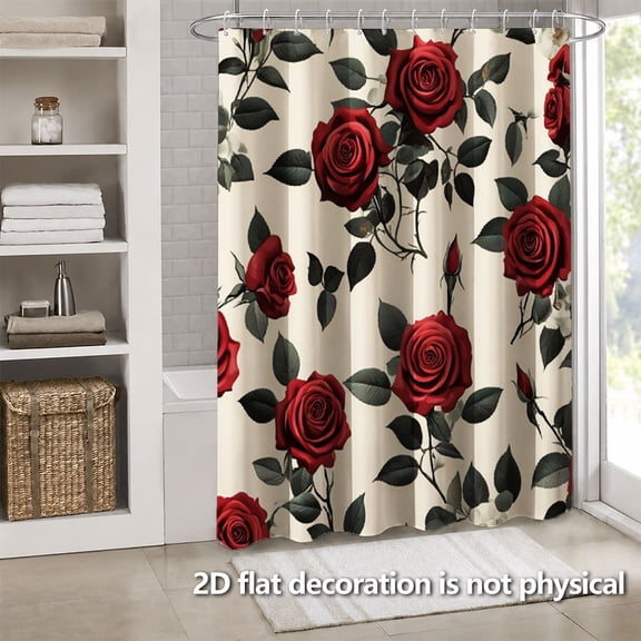 Hoease Vintage Red Rose Cream Background Shower Curtain, 71W x 71L Inch Waterproof Fabric Bathroom Curtain with 12 Hooks, Retro Floral Bath Decor