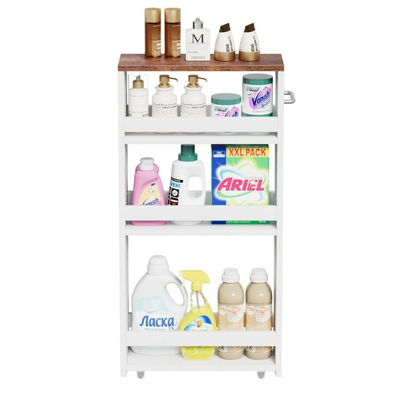 Wangbujianwang Slim Storage Cart 7.9" W, Rolling Kitchen Storage cart on Wheels for Small Spaces, 4-Tier Laundry Cart with Handle, Slide Out Utility Cart for Kitchen, Bathroom, Laundry,White