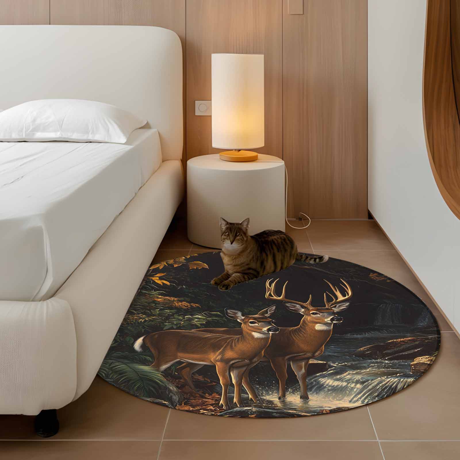 Round Rugs 3 Ft, Autumn Deer Non Slip Area Rugs for Kitchen Bedroom Entryway, Forest River Elk Vintage Washable Carpet Runner Rug Floor Mats for Bedroom Home Decor
