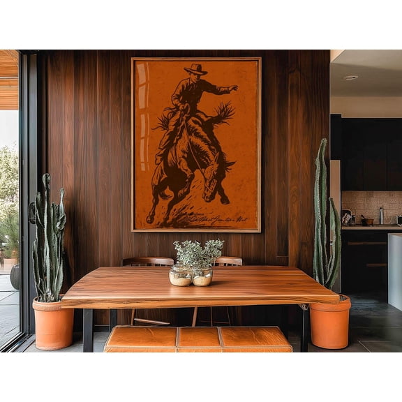 Vintage Cowboy Bronco Rider Western Ink Art Print On Rust Orange — Rustic Rodeo Wall Poster For Cowboy Decor, Ranch Style Home Home Decor #2990, Unframed Poster Size 8x12