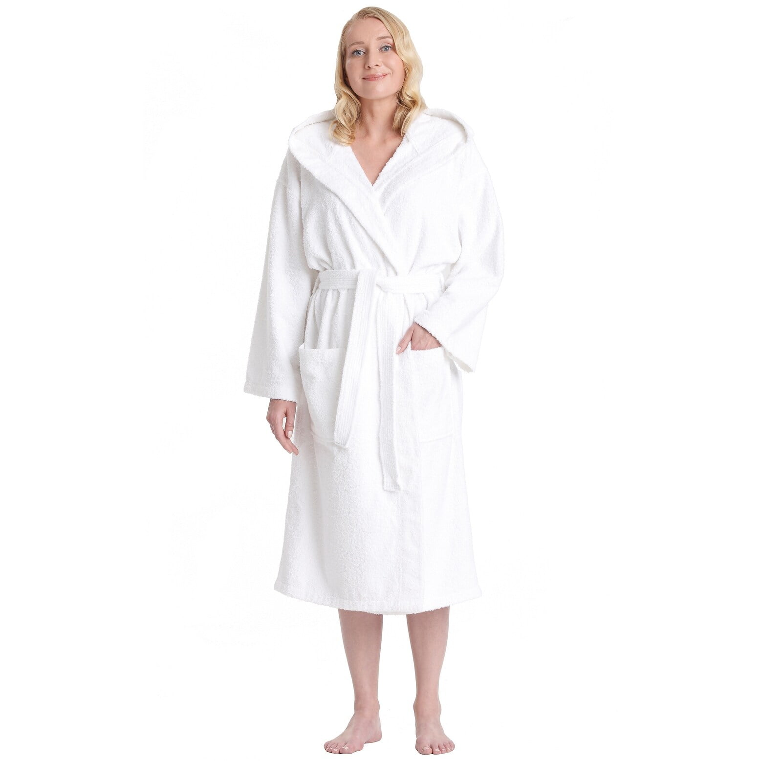 Women's Turkish Cotton Hooded Bathrobe White L/XL