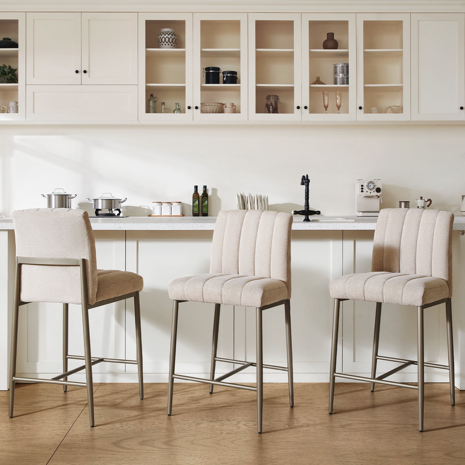 GrandNoor Comfortable Bar Stools Set of 3, 26” Thick Upholstered Counter Height Bar Stools with Back, Linen Counter Stools with Metal Legs for Kitchen Island, Khaki