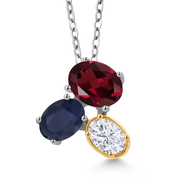 925 Silver and 10K Yellow Gold Red Rhodolite Garnet Blue Sapphire and White Moissanite Pendant Necklace for Women (2.85 Cttw, Oval 8X6MM, 7X5MM and 6X4MM,  January Birthstone, with 18 inch Chain)