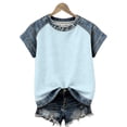 thumbnail image 2 of Womens Short Sleeve Waffle Knit Top Denim Trim, Raglan Sleeve Summer Round Neck Tees Casual Layered Look T-Shirts for Daily Wear Soft Jean Inspired 2026 Fashion, 2 of 7