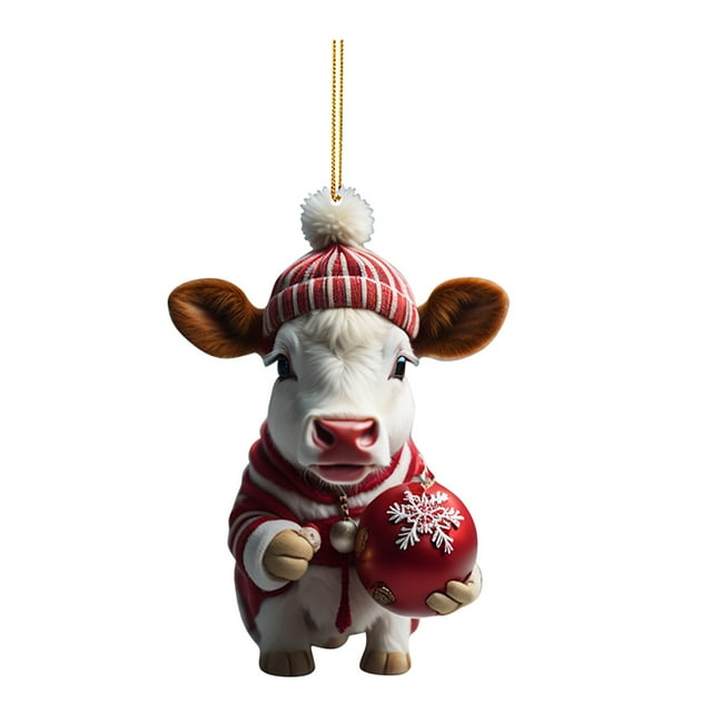 Huanglei 2D Acrylic Cartoon Fun Christmas Cow Christmas Tree Ornament Acrylic Christmas Cartoon Cute Cow Ornament Double Print White Elephant Gift Ornament