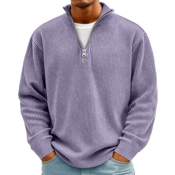 Xyxonk Mens Quarter Zip Sweater 2025 Corduroy Pullover Dressy Long Sleeves Sweatshirts Fall Big and Tall Textured Band-Collar Clothes,Purple S-5XL