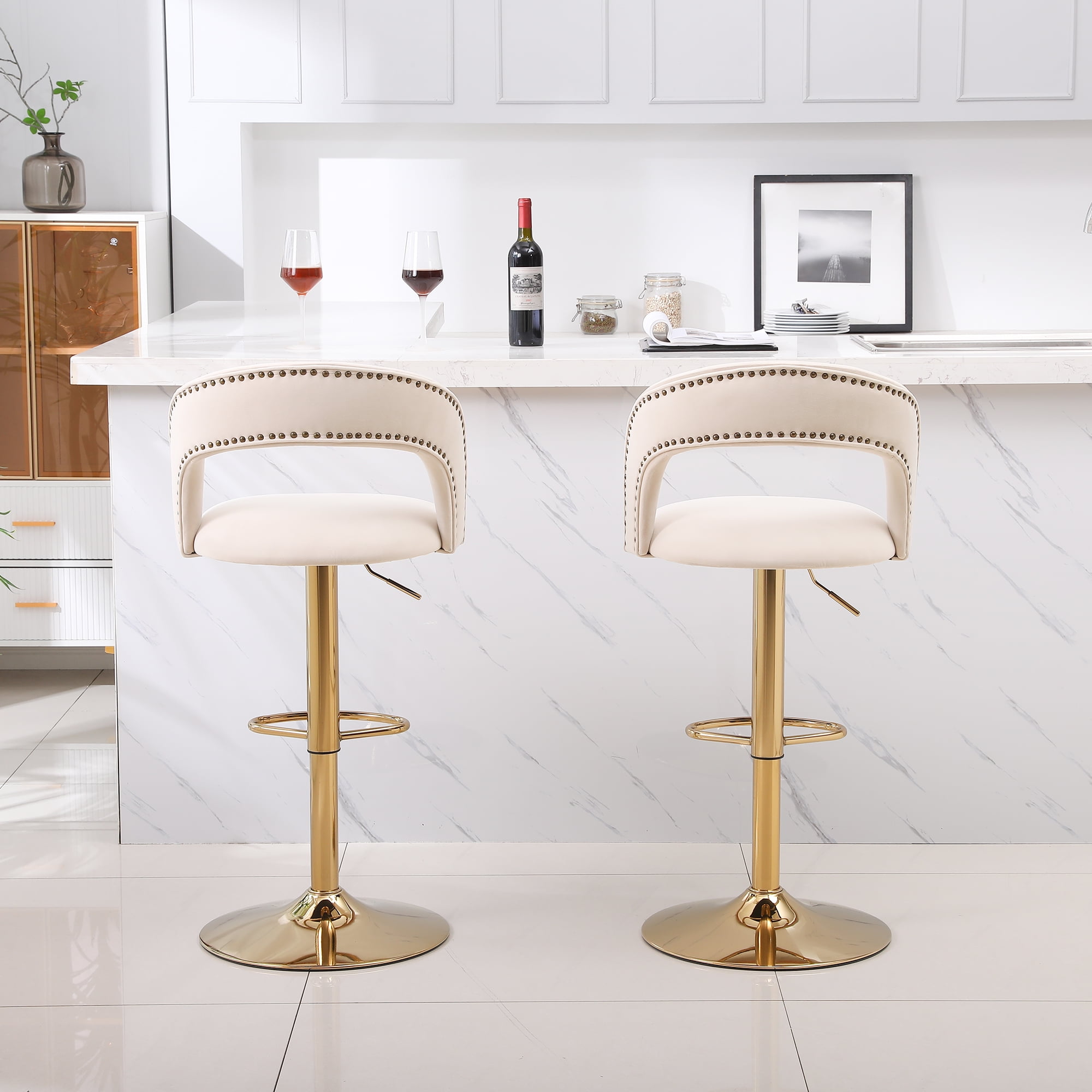 YYAo Swivel Bar Stools Chair Set of 2, Modern Adjustable Counter Height Bar Stools, Velvet Upholstered Stool with Back& Footrest for Kitchen, Beige YYAo Swivel Bar Stools Chair Set of 2, Modern Adjustable Counter Height Bar Stools, Velvet Upholstered Stool with Back& Footrest for Kitchen, Beige