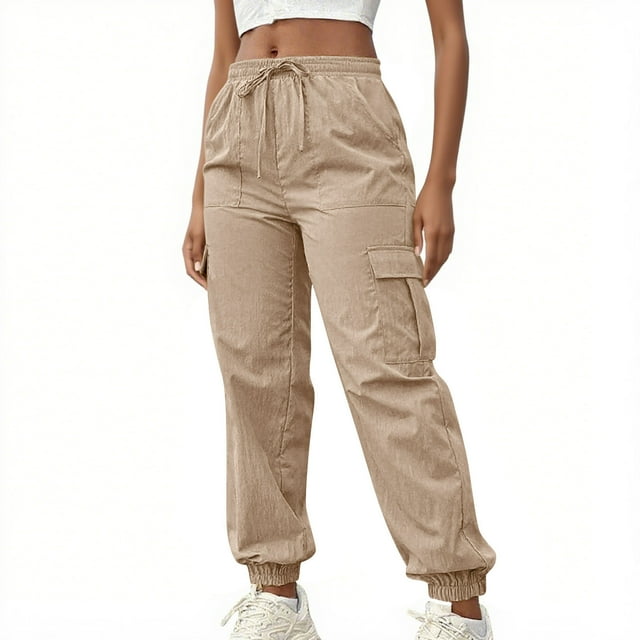 aidice Womens Cargo Pants Drawstring Elastic High Waisted Cinch Bottom Pant Hiking Workout Joggers Trousers with Pockets