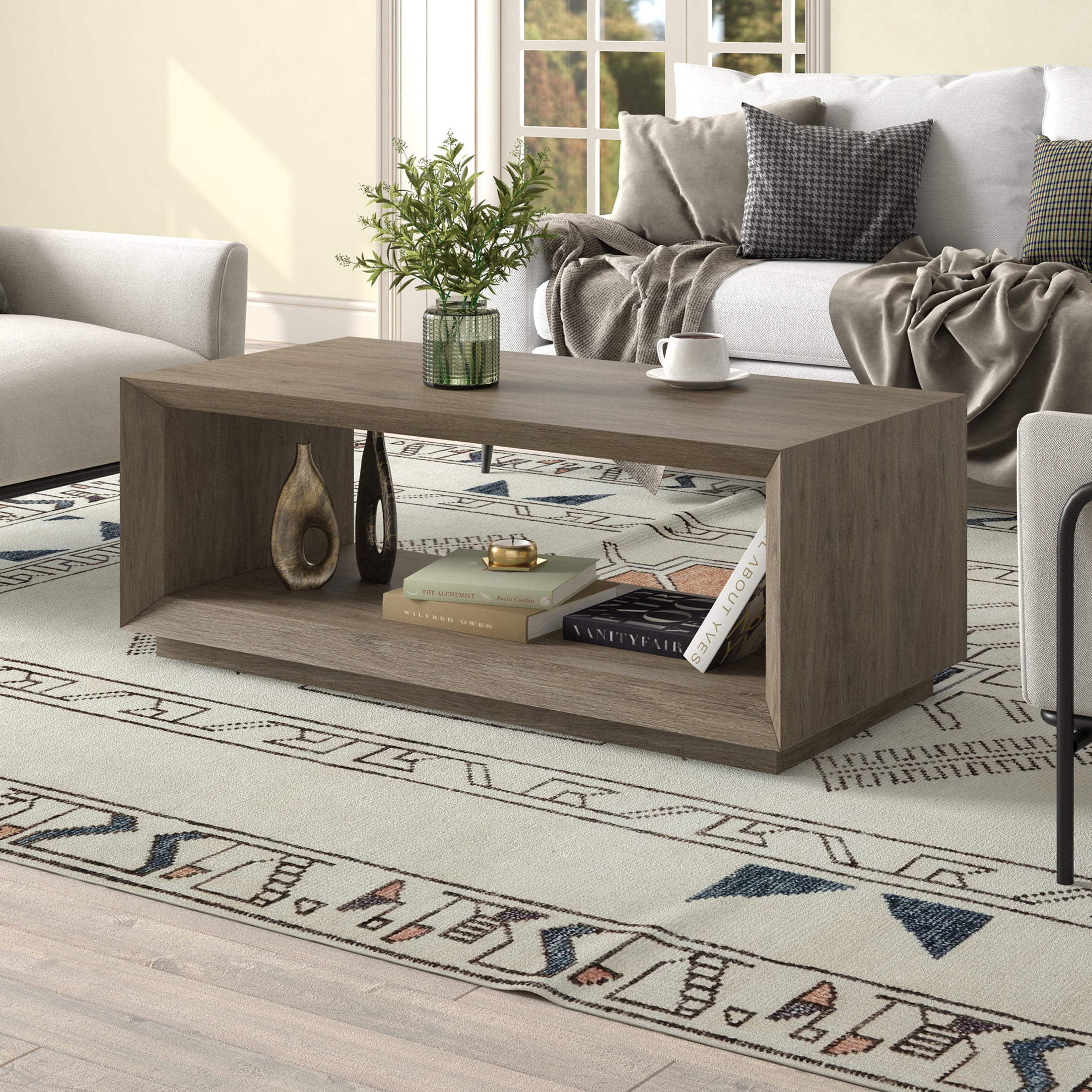 Evelyn&Zoe Tannen 48" Wide Rectangular Coffee Table, Antiqued Gray Oak