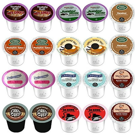 20 Count K Cup Coffee for Keurig Featuring Tootsie Roll and Junior Mints Hot Cocoa, Pumpkin Spice, Da Bomb, Hazelnut, Vanilla French Toast and more (10