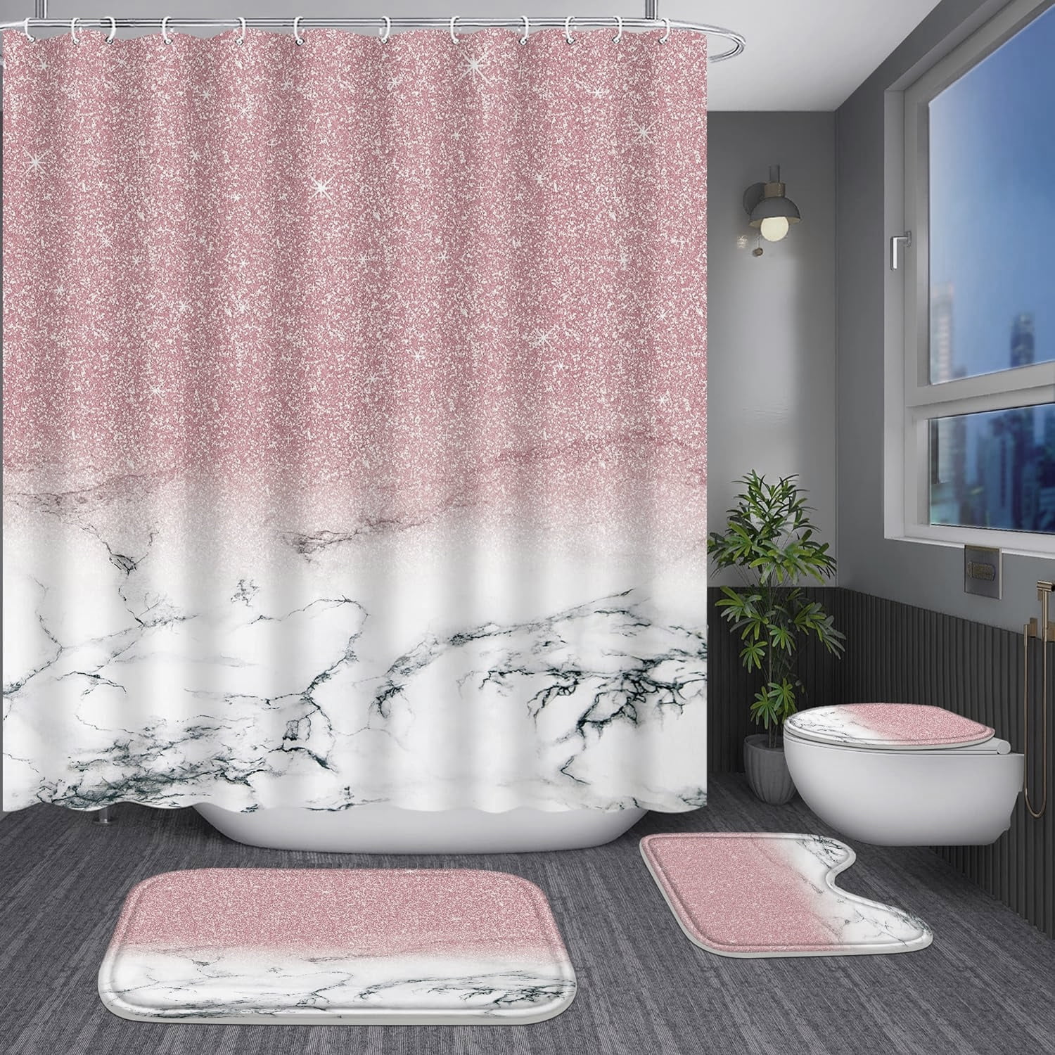 FRAMICS Pink Shiny (No Glitter) Marble Shower Curtain and Rug Sets, 16-Piece Modern Bathroom Sets, Waterproof Fabric Shower Curtain with 12 Hooks and Toilet Rugs
