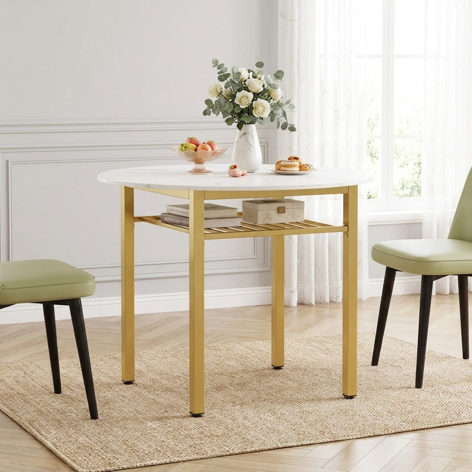 Furnibear 40 Inch Round Kitchen Dining Table with Storage Shelf and Metal Frame