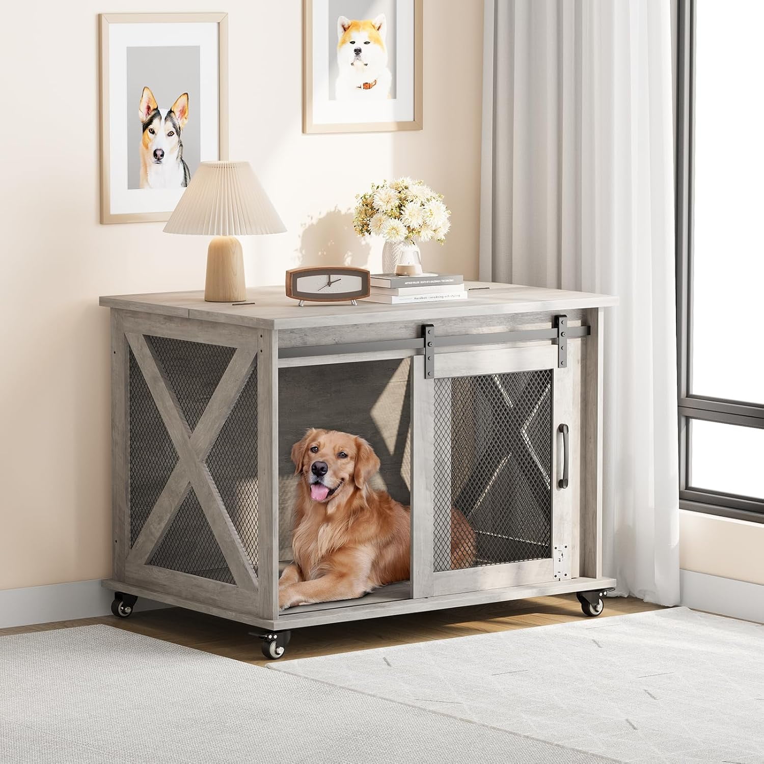 M optimized Dog Crate Furniture with Sliding Barn Door, Flip Top Dog Crate End Table with Wheels, Indoor Dog Kennel Furniture with Removable Divider, Dog House