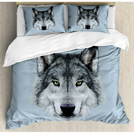 Wolf Duvet Cover Set, Wolf Portrait with Beautiful Gaze Sublime Animal Illustration Canine Beast, Decorative Bedding Set with Pillow Shams, Black Beige Bluegrey, by