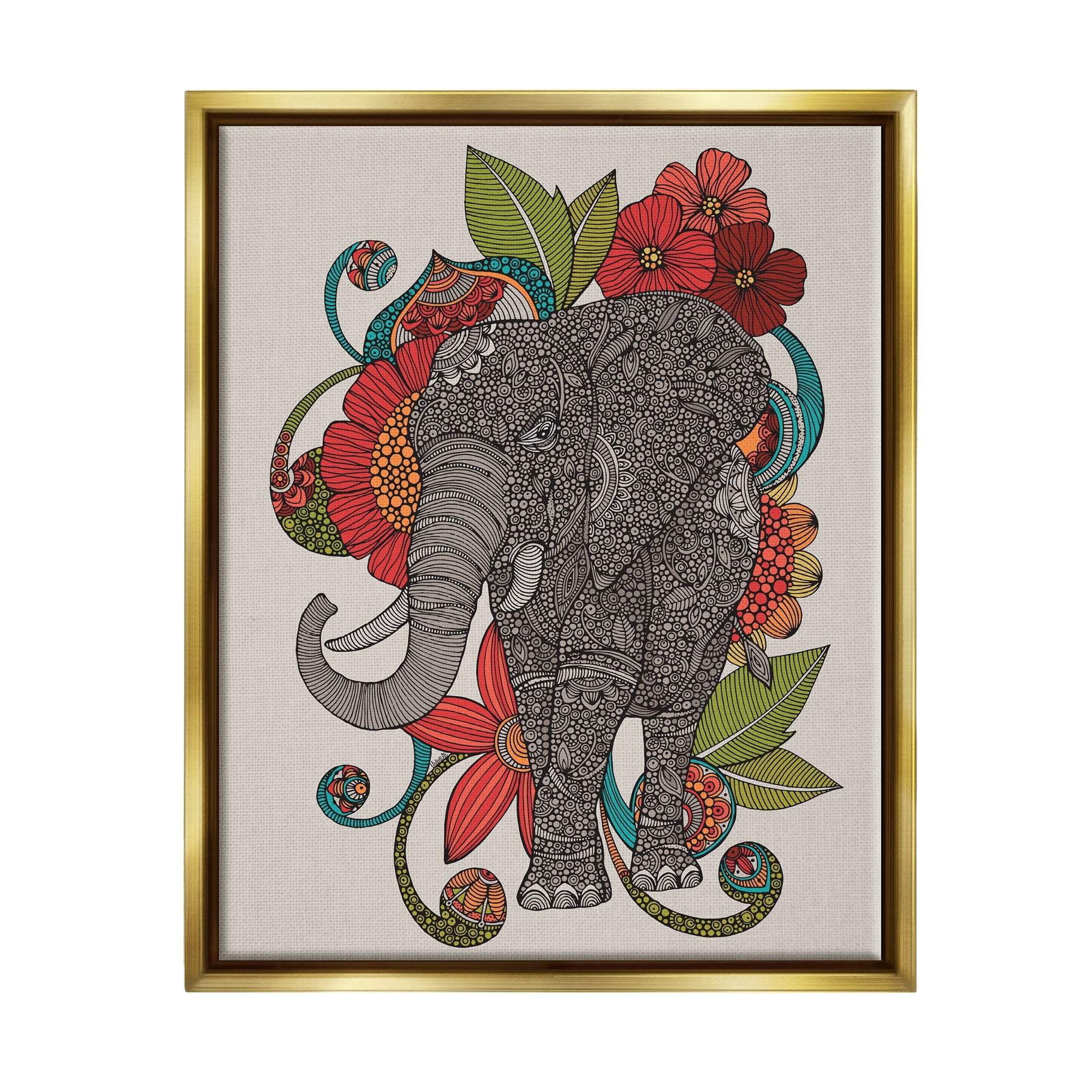 Stupell Industries Wild Elephant Surrounded Elaborate Flower Mandala Patterns Graphic Art Metallic Gold Floating Framed Canvas Print Wall Art, Design by Valentina Harper