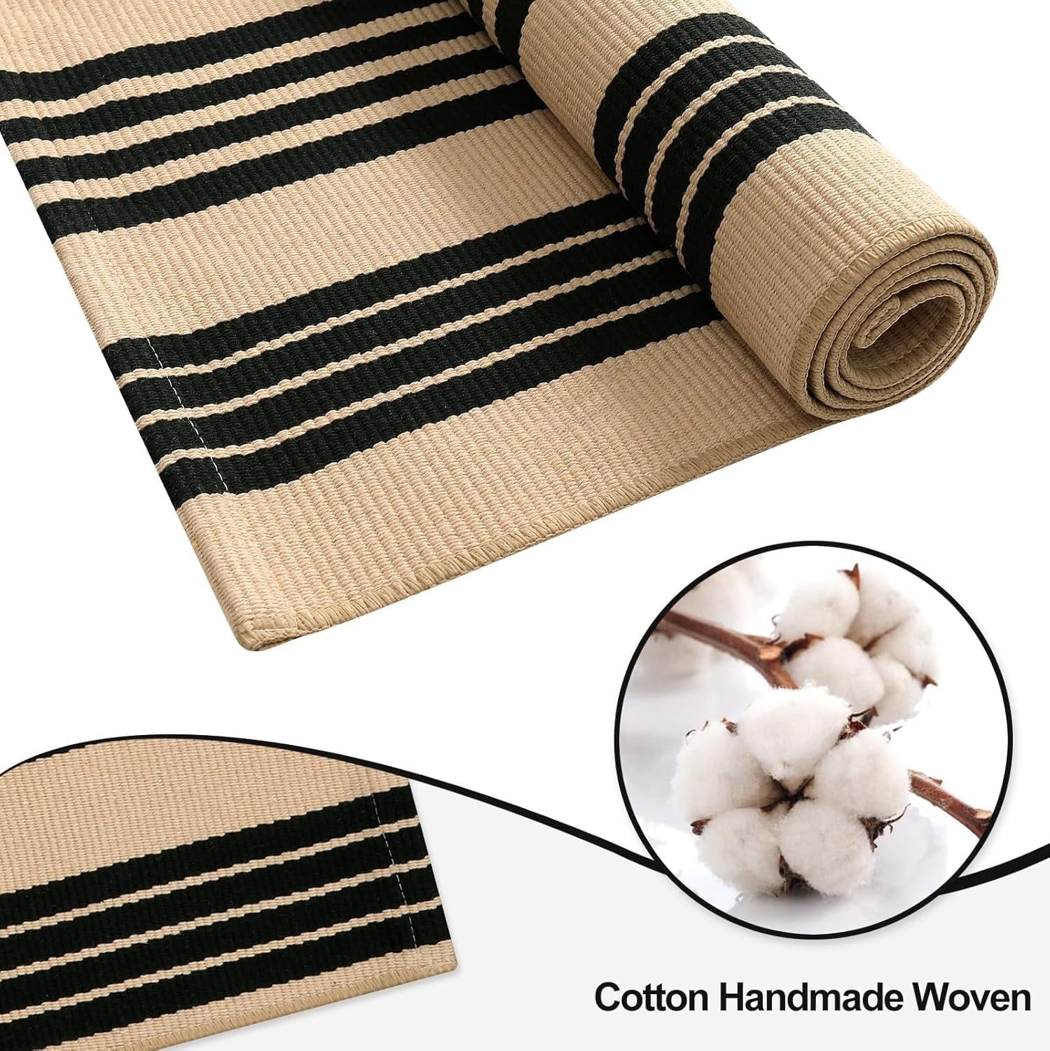 Xwl Outdoor Rug 3'x5', Black and Tan Area Rug Machine Washable Rugs Cotton Hand Woven Entry Rug Indoor Outdoor Striped Carpet for Front Porch/Deck/Backyard/Camping/Outdoor Decor
