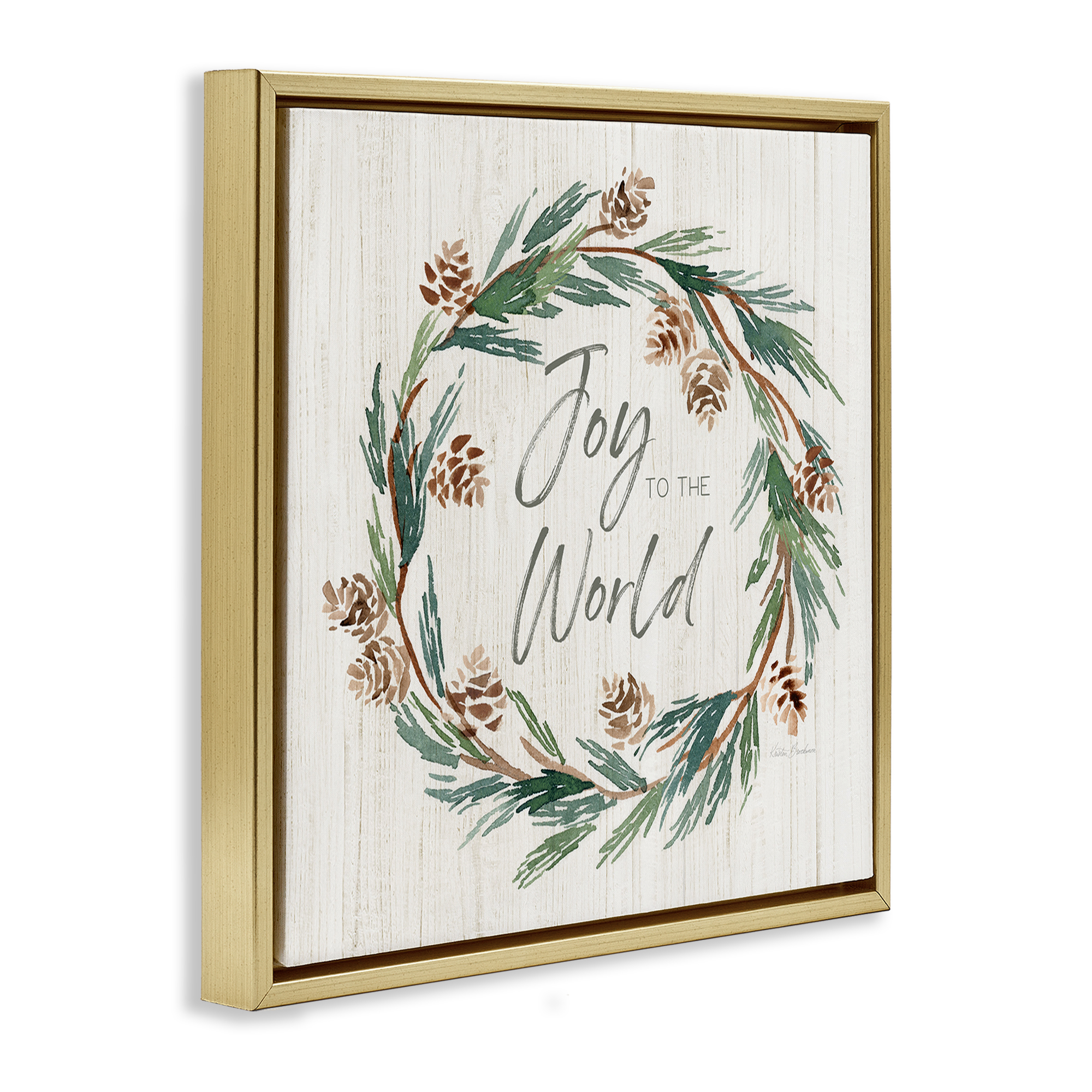 Stupell Industries Joy Pinecone Wreath Holiday Painting Gold Floater Framed Canvas Art Prints Wall Art, 25 x 25