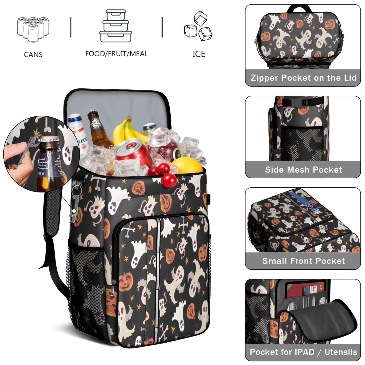 Travel Cooler Bag - Halloween Ghosts Pumpkins and Stars Camping Beer Cooler Backpack with Bottle Opener- Waterproof Insulated Picnic Backpacks - Cooler Bag for Beach
