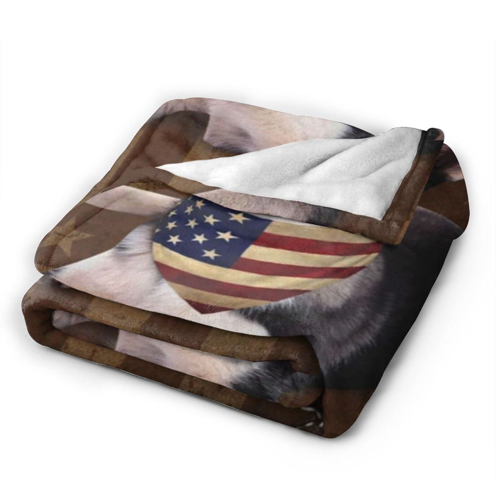 Wijzvio Siberian Husky Dog With Vintage American Flag Throw Blanket Soft Fuzzy Fleece Blanket For Couch Bed Living Room Decoration 60"X50"