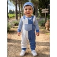 thumbnail image 4 of Loicainy Infant Baby Boy Fall Outfit 3 6 12 18 Months Striped Rompers and Front Pockets Overalls with Hat Clothes Set, 4 of 9