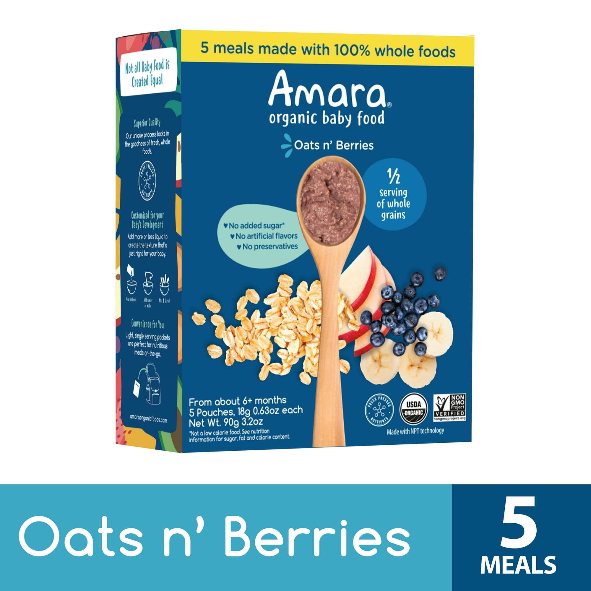 Amara Organic Baby Food Oats N Berries, No Added Sugar, Stage 2, 5 Individual Servings