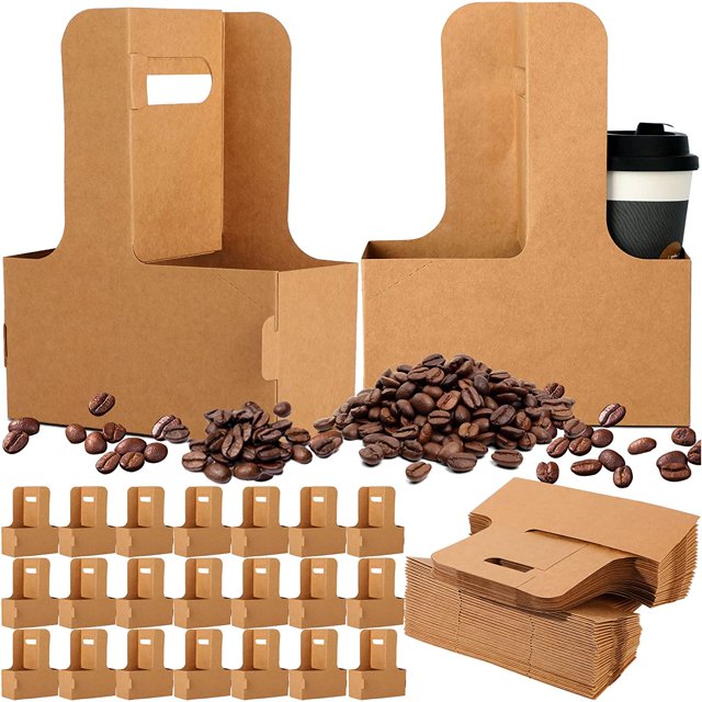 portavasos para 2 tazas portavasos con asa portavasos desechable portavasos de papel con asa portavasos para exteriores portavasos de café dispensador de alimentos para restaurante (50 bolsas) JAMW Vista frontal y lateral de portavasos plegables de cartón kraft con asa ranurada; soporte para 2 vasos (12–30 oz), medidas 6.9 x 3.1 x 8.9 pulg., paquetes planos apilados y unidades montadas que muestran estabilidad y espacio para pequeños snacks como cajas de palomitas.