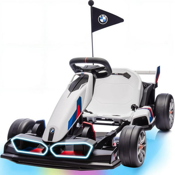 24V 9AH Electric Go Kart with Adjustable Seat,Licensed BMW 7.5 MPH Drift Kart for Kids Age 6-12, 2 * 200W Motors, Drift Mode and 2 Speed, White