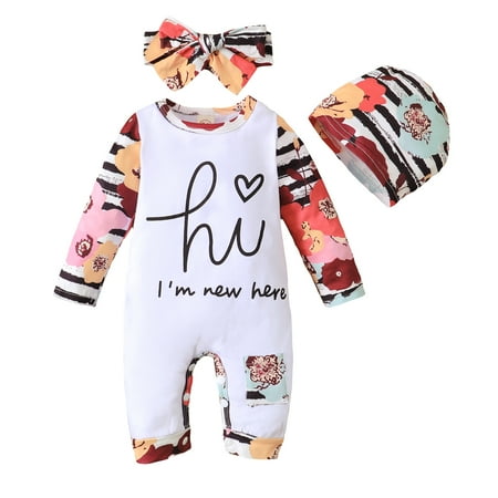 

Musuos 3Pcs Baby Girls Boys Outfit Creative Floral Letter Printing Long Sleeve Round Collar Jumpsuit + Cap + Headwear Set