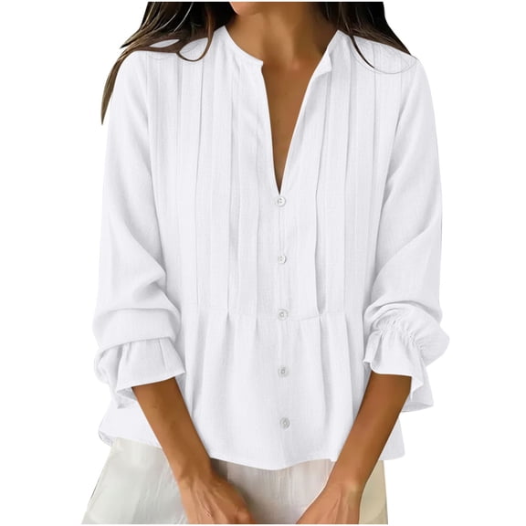Abomasnow Women's Cotton and Linen Shirts Button Down Puff Long Sleeve V-Neck Shirts Textured Work Office Dressy Casual Tops